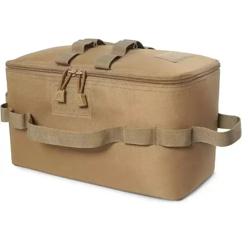 Large Capacity Outdoor Camping Storage Bag in tan fabric with top zipper and carrying handles