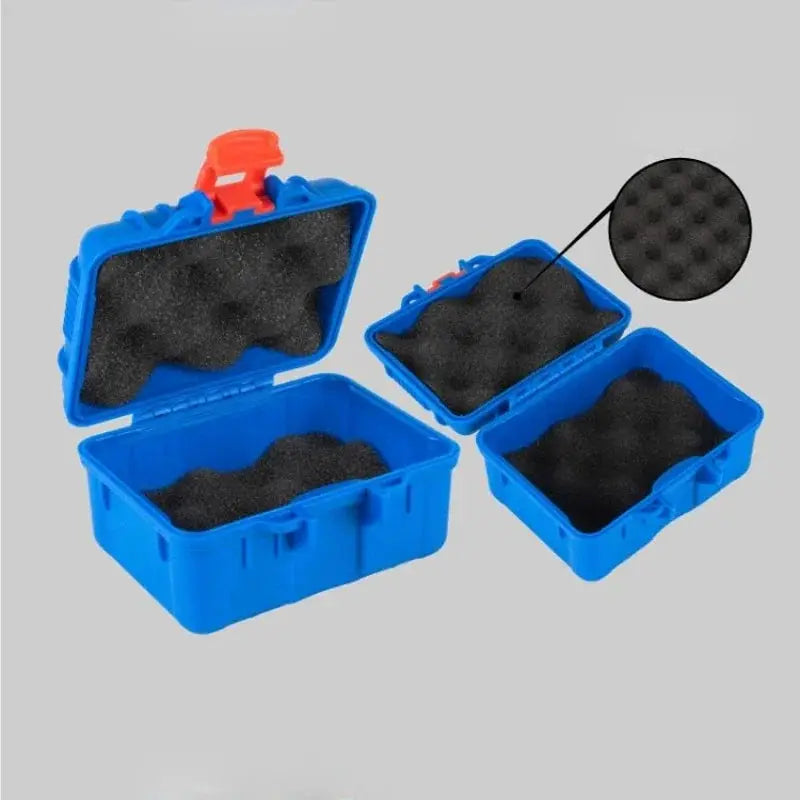 Blue PP toolbox set of 3 with black foam-padded inserts; compact storage cases 125x112x70mm.