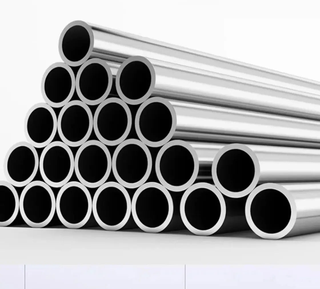 Stainless steel tubes stacked in a pyramid; silver metal construction