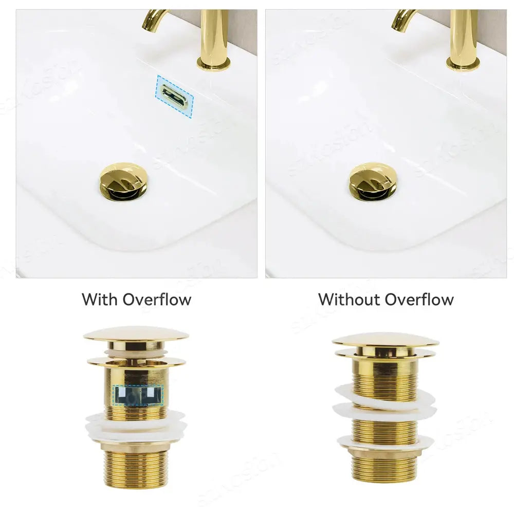 Gold pop-up bathroom sink drain plug by Simples Market, overflow-compatible waste stopper.