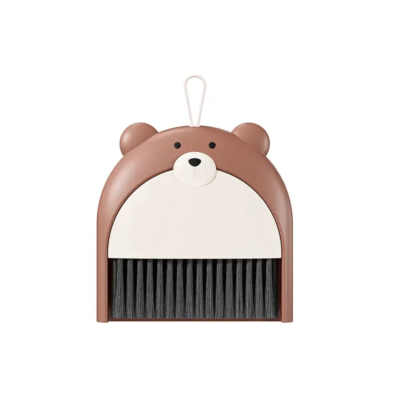 Bear-shaped mini broom and dustpan set; brown bear with white belly and black bristles