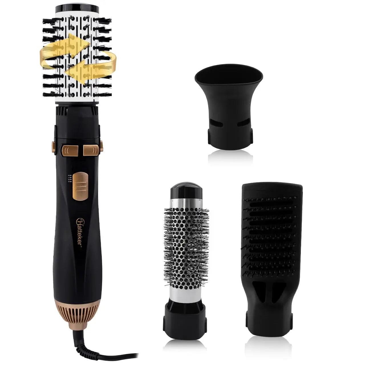 Hatteker EU 4-head hot air brush; black/rose-gold handle, 5-piece attachment set.