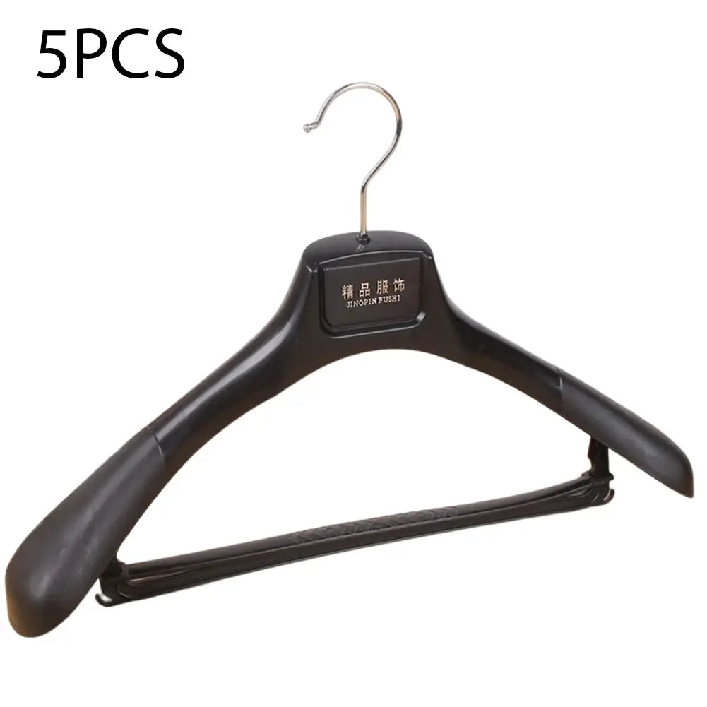 Plastic clothes hanger set, black with wide shoulders, 5 pieces and metal hook