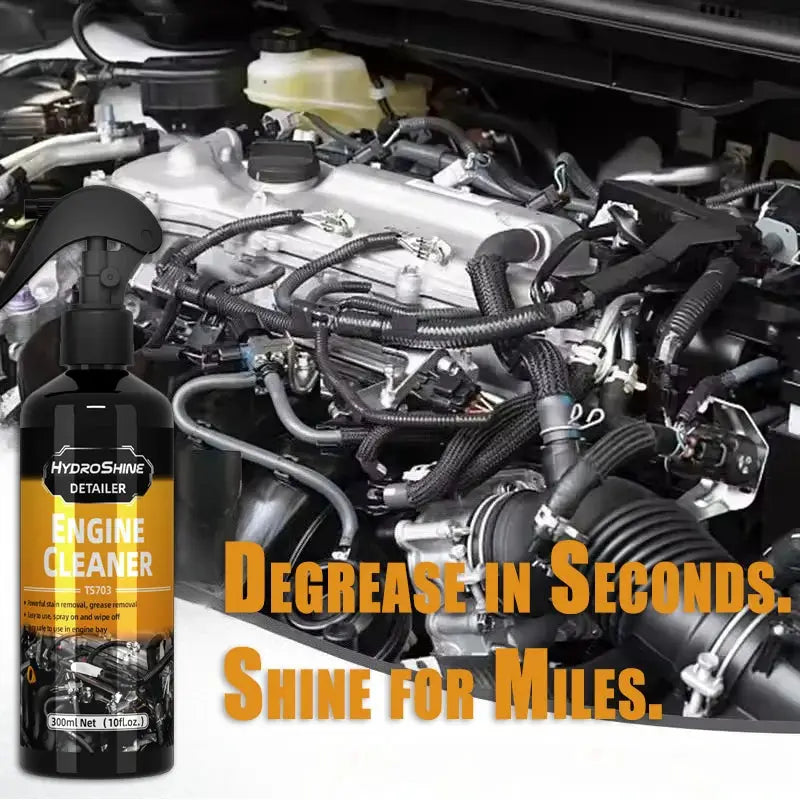HydroShine engine cleaner spray bottle, black with orange label, by Simples Market in engine bay.