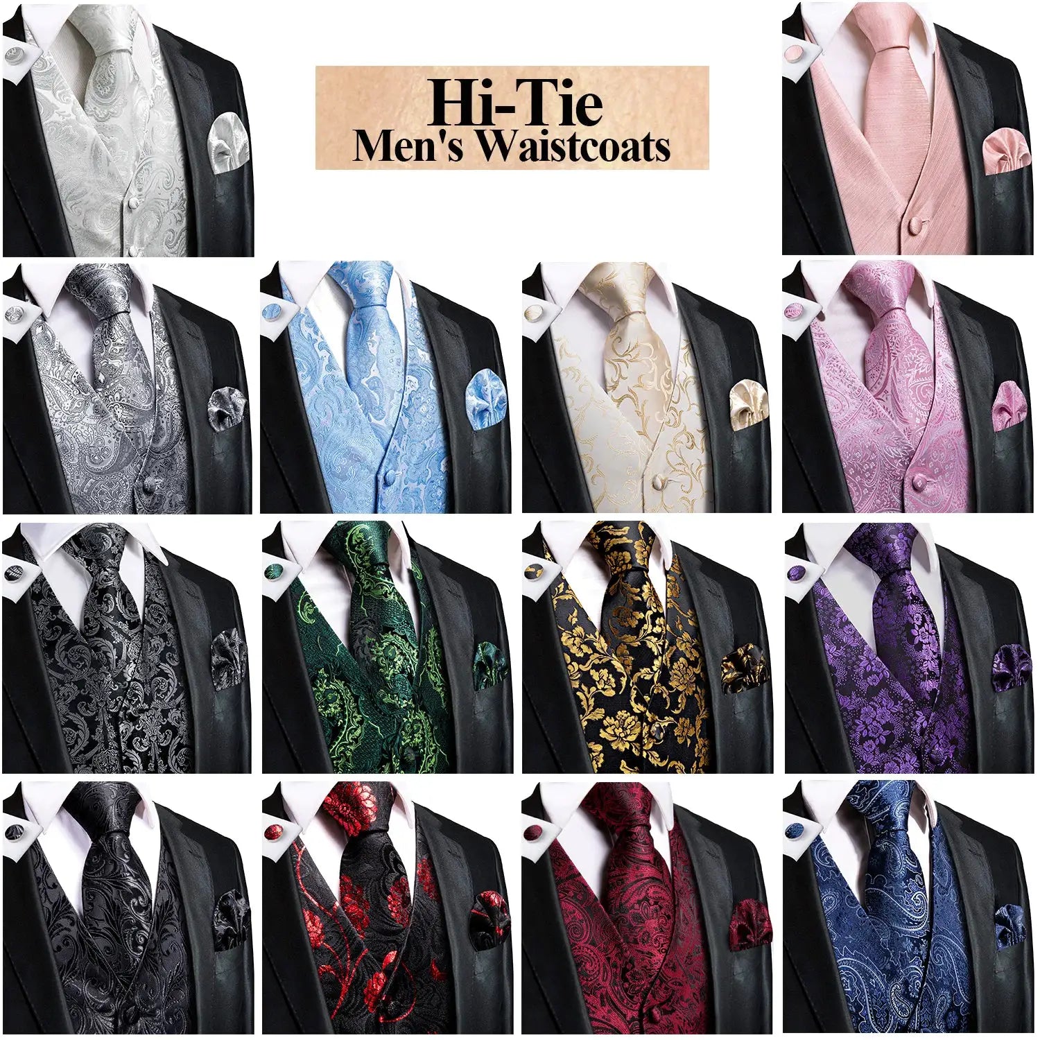 Hi-Tie men's waistcoats set in multiple paisley colorways with matching ties.