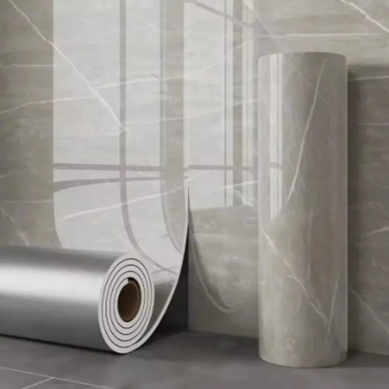 Self-adhesive wallpaper roll with grey marble thick-foam tile pattern, waterproof for bathroom and living spaces