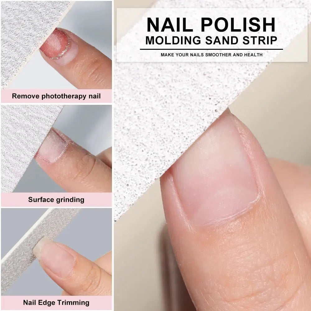 Nail sanding strip buffer for manicure; shows step-by-step buffing: surface grinding and edge trimming
