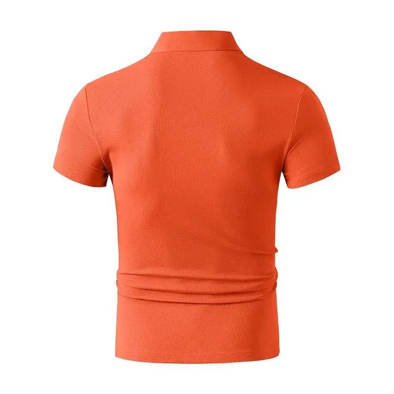 Polo shirt, orange, collared, short-sleeve men's top, back view