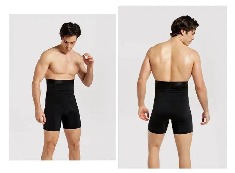 Men's tummy-control shorts by Simples Market, black high-waist compression shapewear boxer underwear (front/back views)