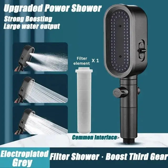 Simples Market high-pressure 3-mode shower head with filter, grey electroplated finish and hose