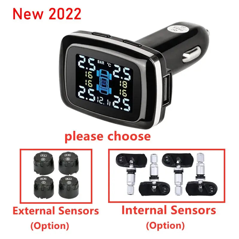 Simples Market car TPMS cigarette-lighter wireless USB digital tire pressure alarm with 4 external or 4 internal sensors