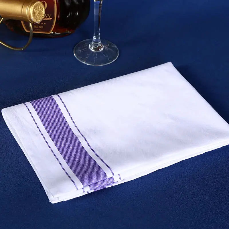 European kitchen towel placemat, thickened cotton cup cloth in white with a purple stripe edge.