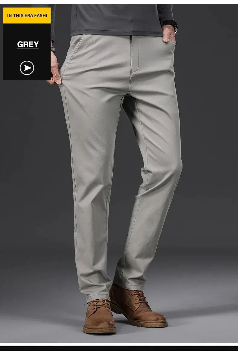 Grey men's casual pants, slim straight fit, 97% cotton, business trousers