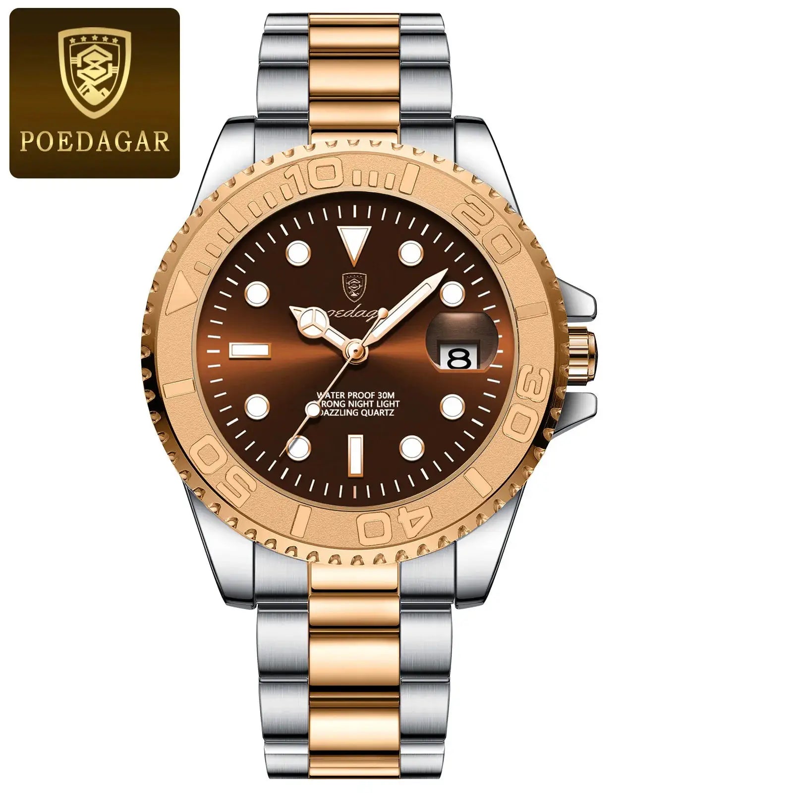 POEDAGAR luxury men's two-tone stainless steel watch with rose-gold bezel and brown dial