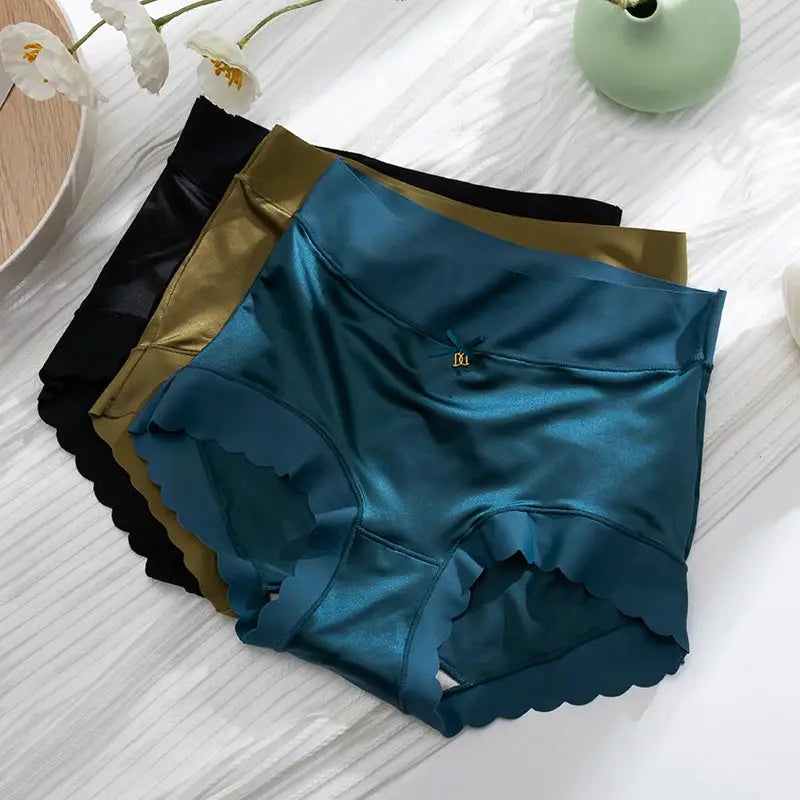 Simples Market silk panties set of 4 in teal, black, gold and bronze with scalloped edges and mid-rise