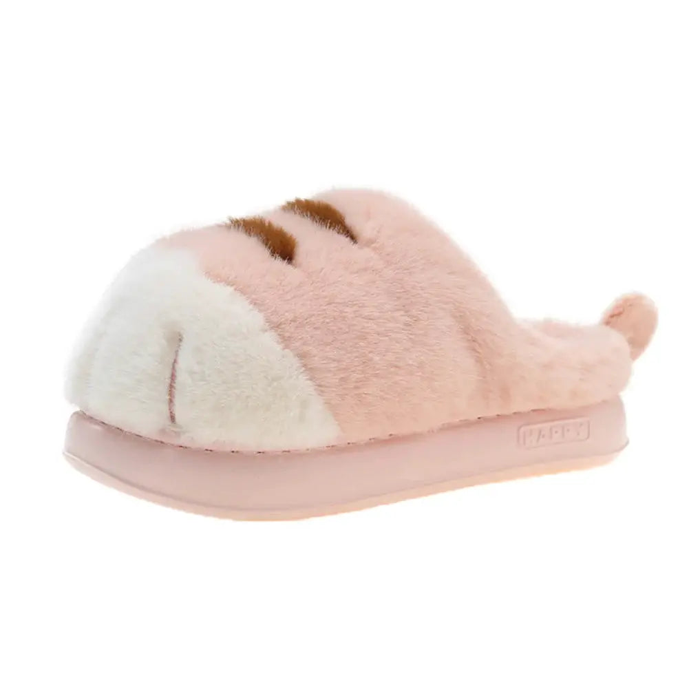 3D cat paw plush slippers, pink fuzzy slip-ons by Simples Market with white toe and anti-slip sole