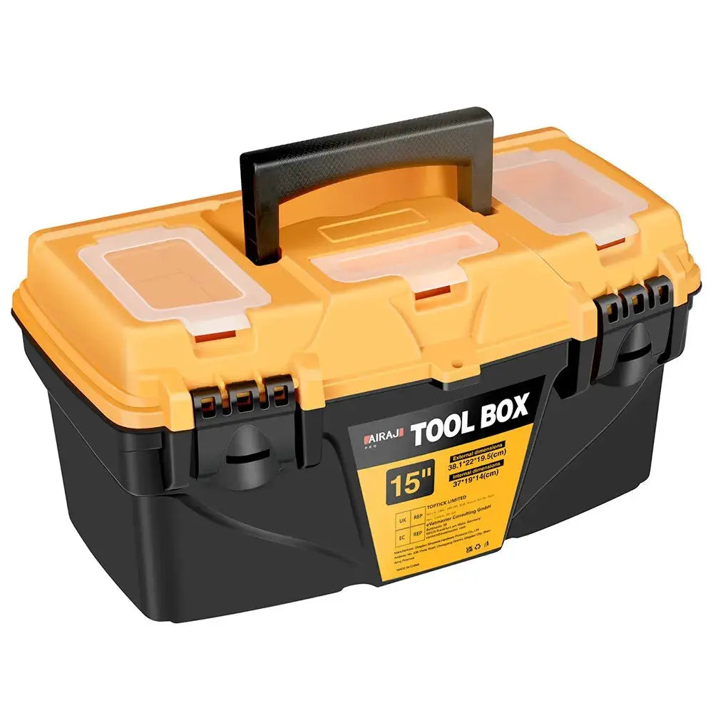 Airaj 15in plastic toolbox with orange lid, black base, and handheld carry handle