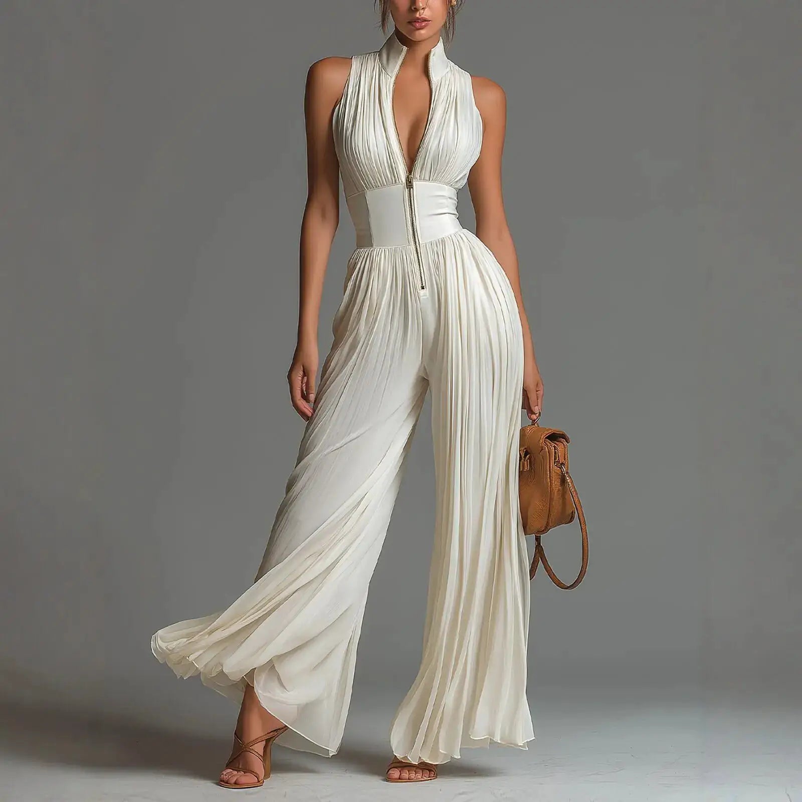 Simples Market ivory pleated jumpsuit with stand-collar zipper, high-waist wide-leg sleeveless romper