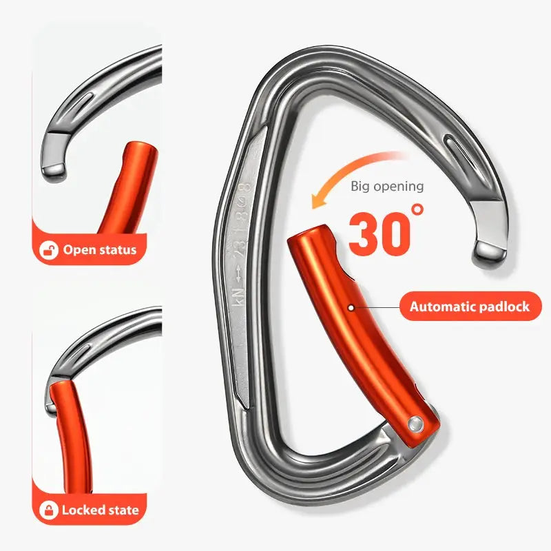 CLIWIZ curved D-shaped aluminum carabiner with orange auto-lock latch, 23kN, Simples Market