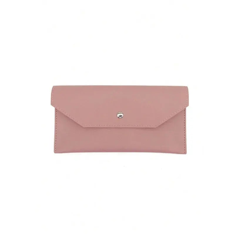 Pink leather women's wallet with envelope flap and snap closure, card slots