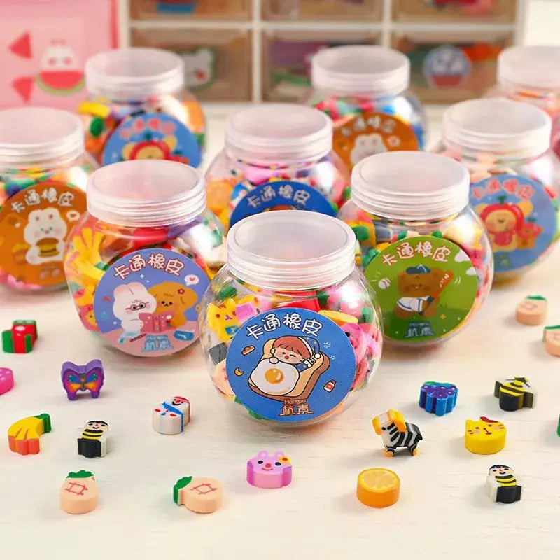 Simples Market pencil eraser set - 50/100pcs kawaii animal and fruit erasers in jars