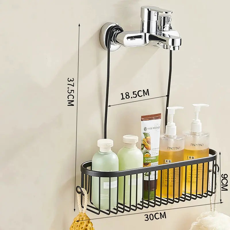 Simples Market shower caddy hanging organizer with hooks in black metal, attached to chrome faucet with storage basket