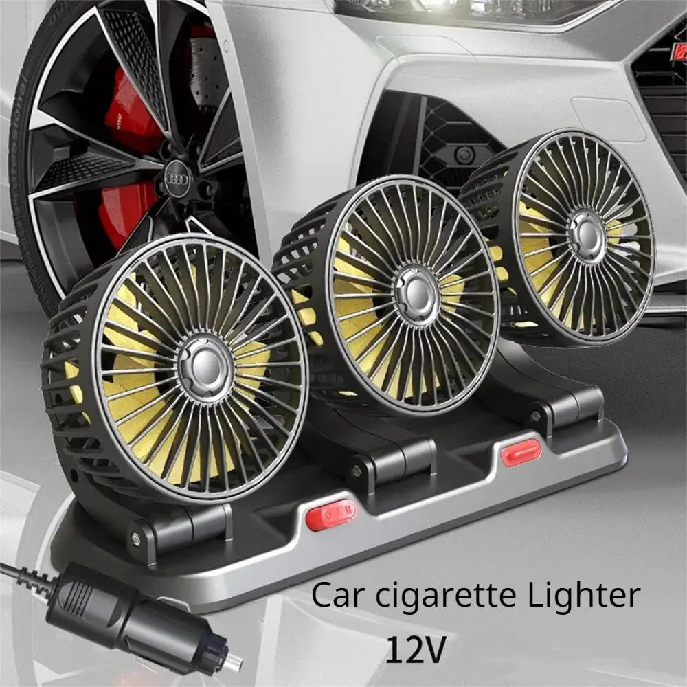 Simples Market 3-head car fan, 360° adjustable, 12V cigarette-lighter powered; three yellow-blade fans on a black base
