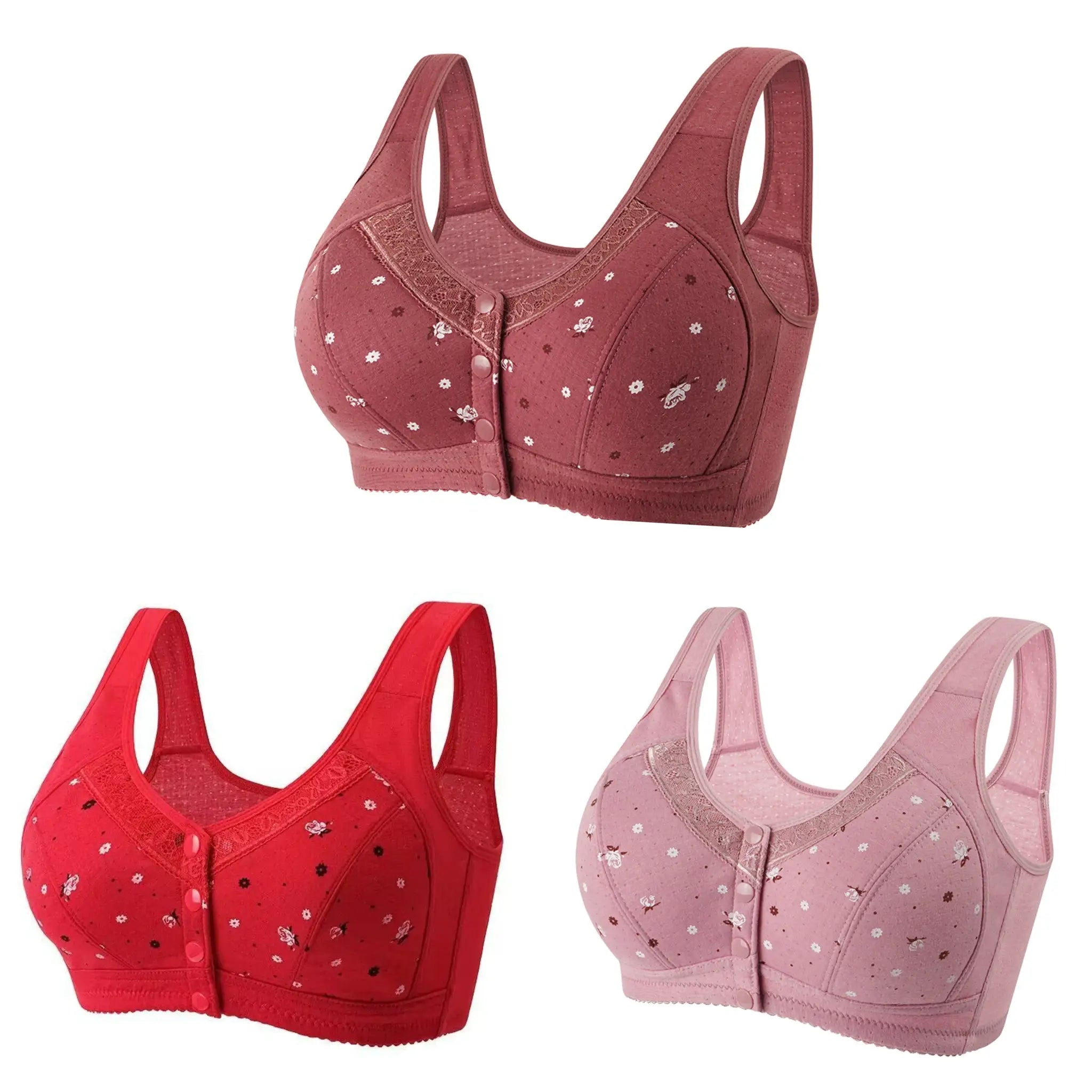 Fallsweet Three Piece Set Front Closure Bra For Women Plus Size Seamless Wireless Bralette Lace Brassiere Lingerie