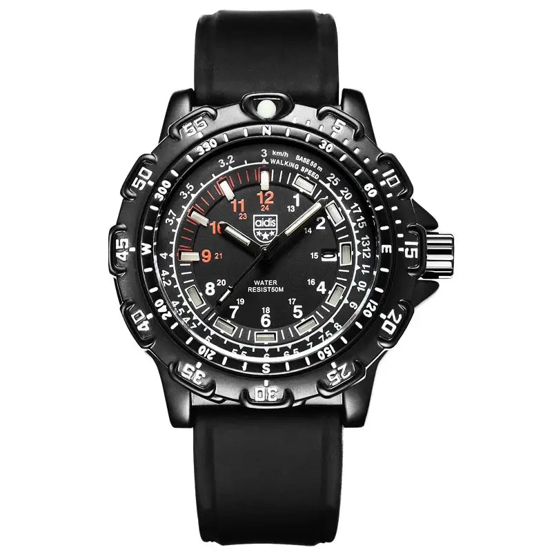 Addies military wristwatch by Simples Market, black strap, rugged case, luminous dial, 50m water resistant.