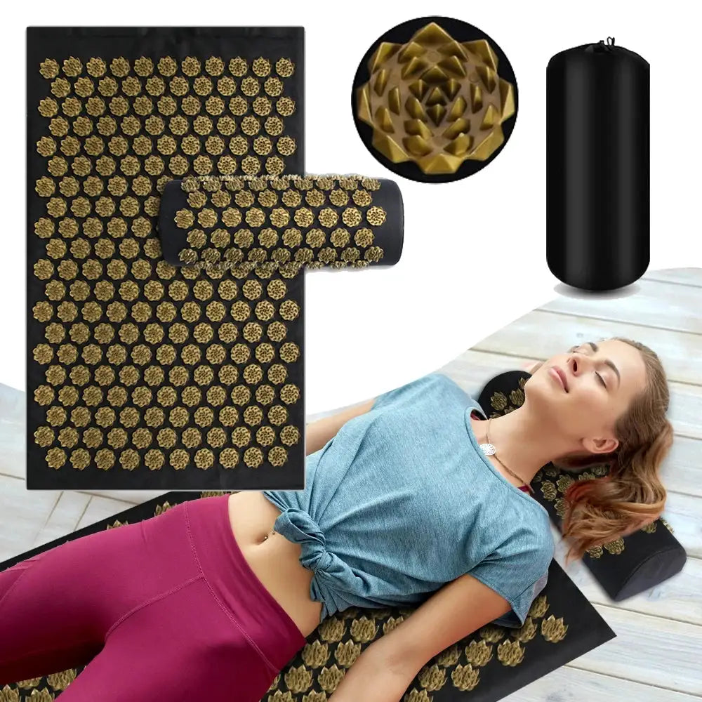 Simples Market acupressure yoga mat with gold spike studs and Kuznetsov’s applicator cushion with bolster