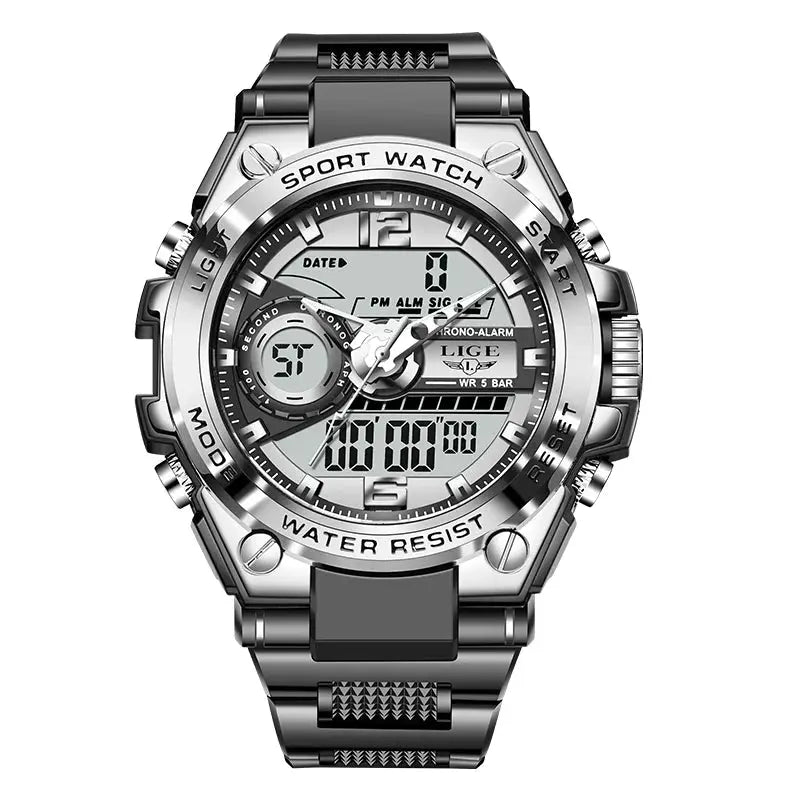LIGE men's military wristwatch, silver stainless steel, digital-analog display, 50m water resistant