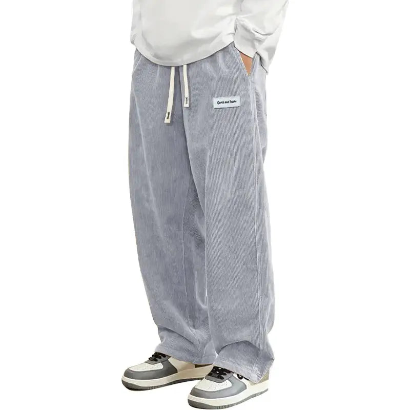 Men's corduroy casual pants, gray loose-fit baggy style with elastic drawstring waist