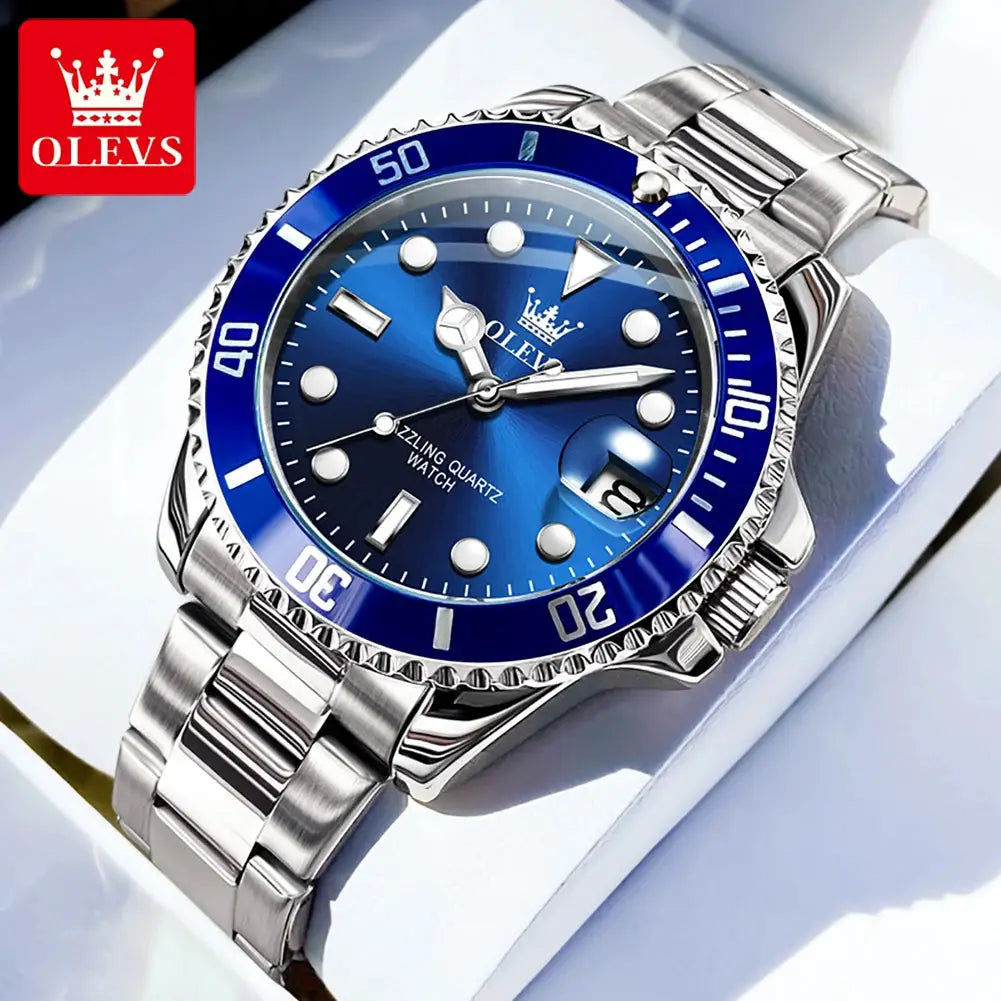 OLEVS 5885 men's stainless steel watch with blue dial and blue bezel, luminous markers, date window