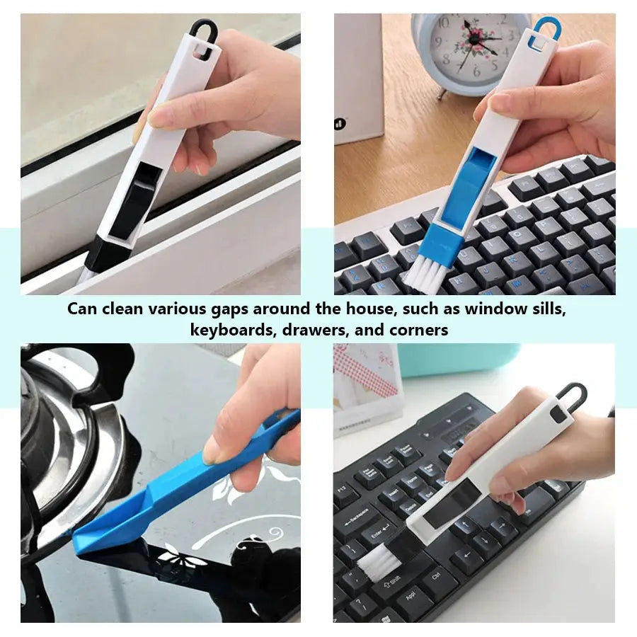 Simples Market portable two-in-one cleaning brush; white handle with black/blue bristle heads for windows, keyboards, and corners