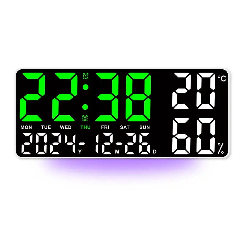 Simples Market large digital wall clock with 7-color mood light, black housing, green LED time digits, date, and humidity