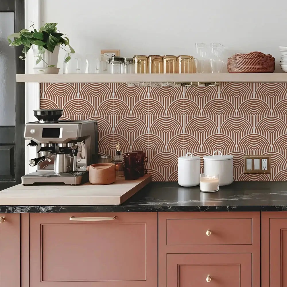 Simples Market 10Pcs abstract matte wall tile decals for kitchen backsplash; brown arched pattern, self-adhesive vinyl