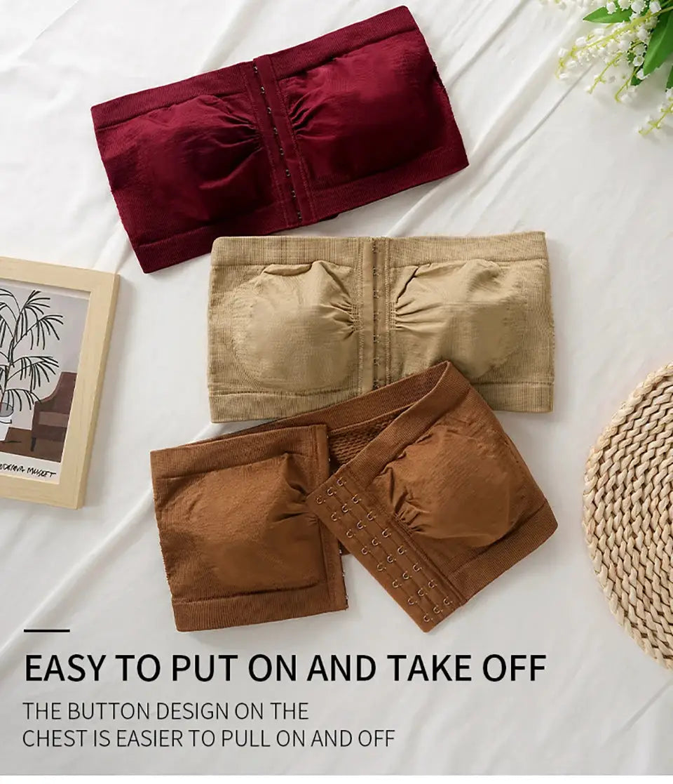 Women's plus-size strapless front-closure bandeau bra set of 3 in burgundy, beige and brown, Simples Market, wireless