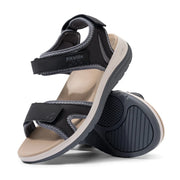 FitVille women's black orthopedic sandals with adjustable ankle strap, open toe, beige footbed and thick sole