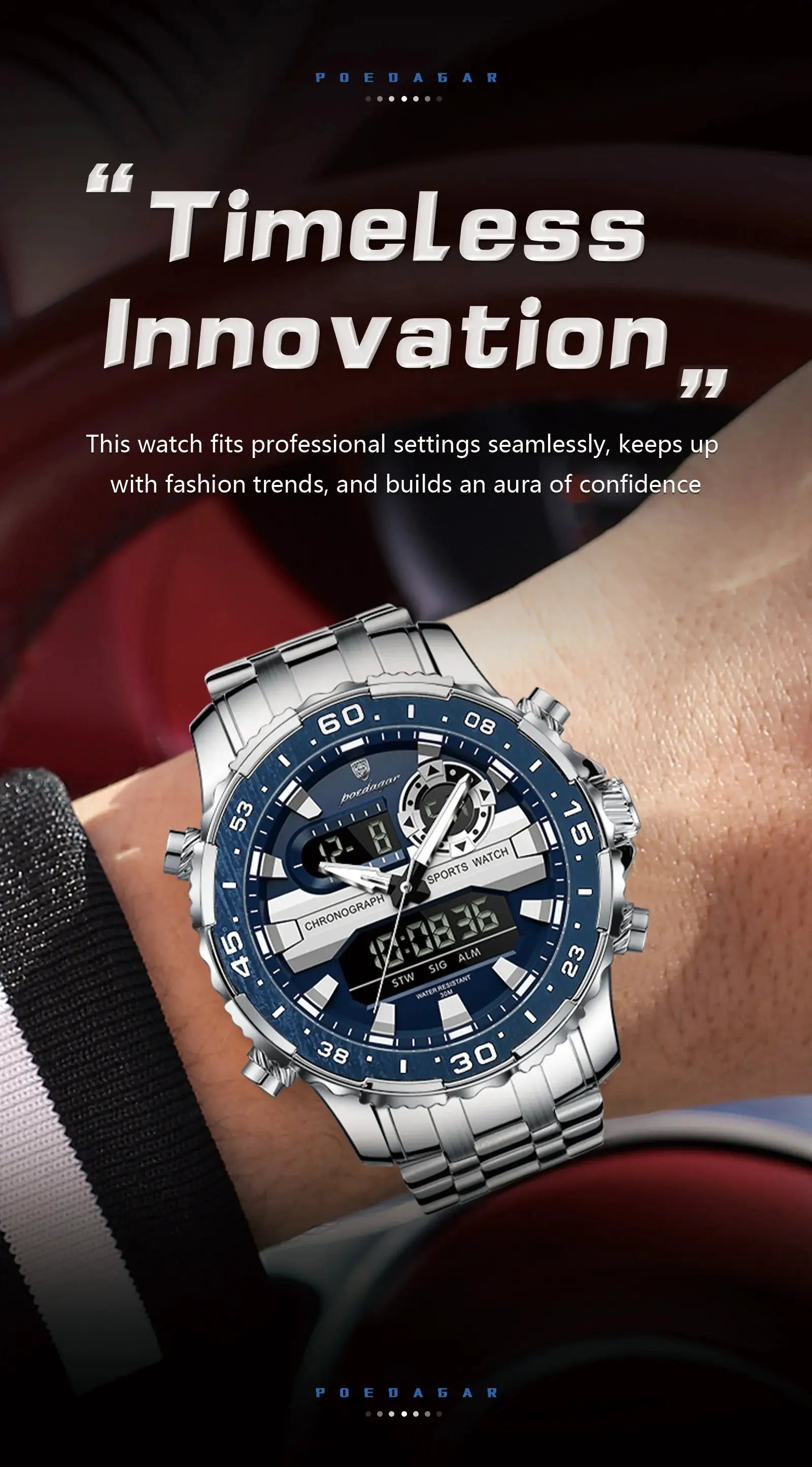 POEDAGAR men's digital-analog sports wristwatch with blue dial and stainless steel strap by Simples Market