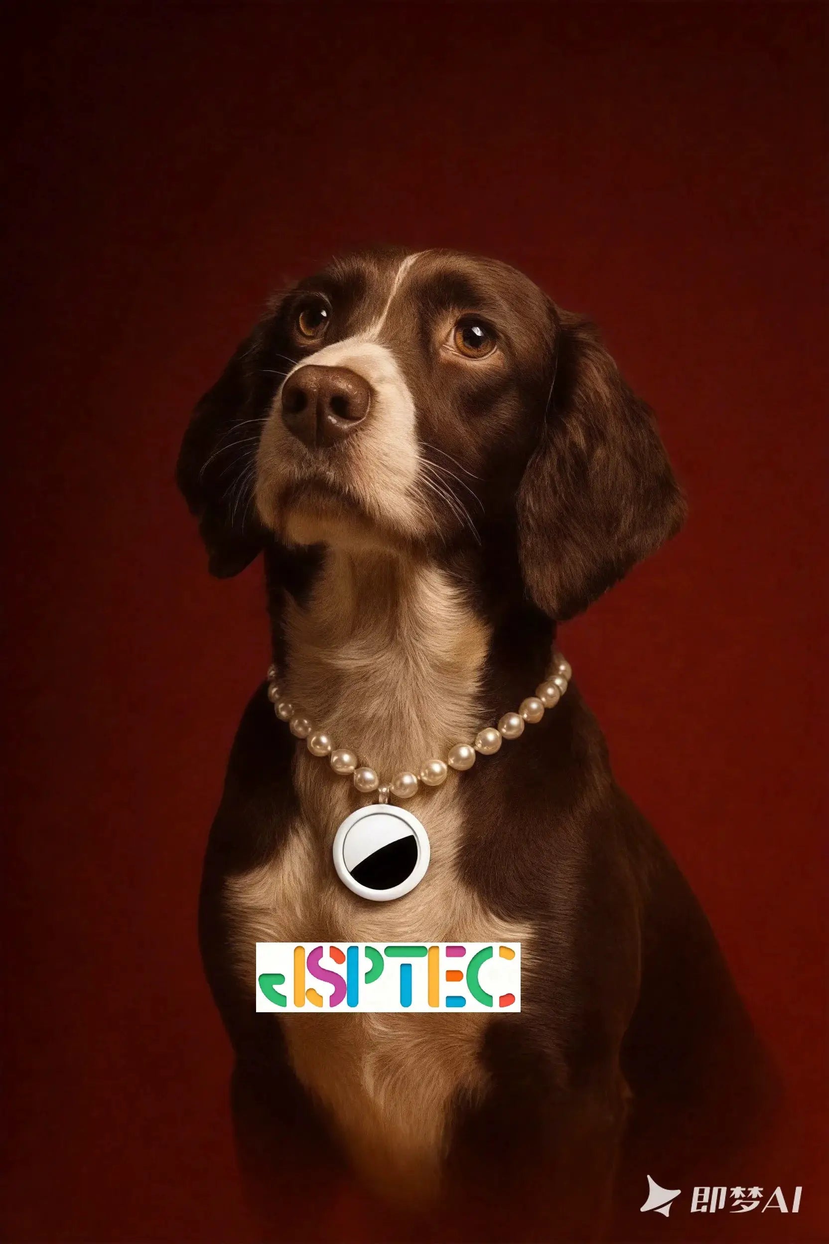 JSPTEC Airtag GPS tracker pendant on a brown dog wearing a pearl necklace.