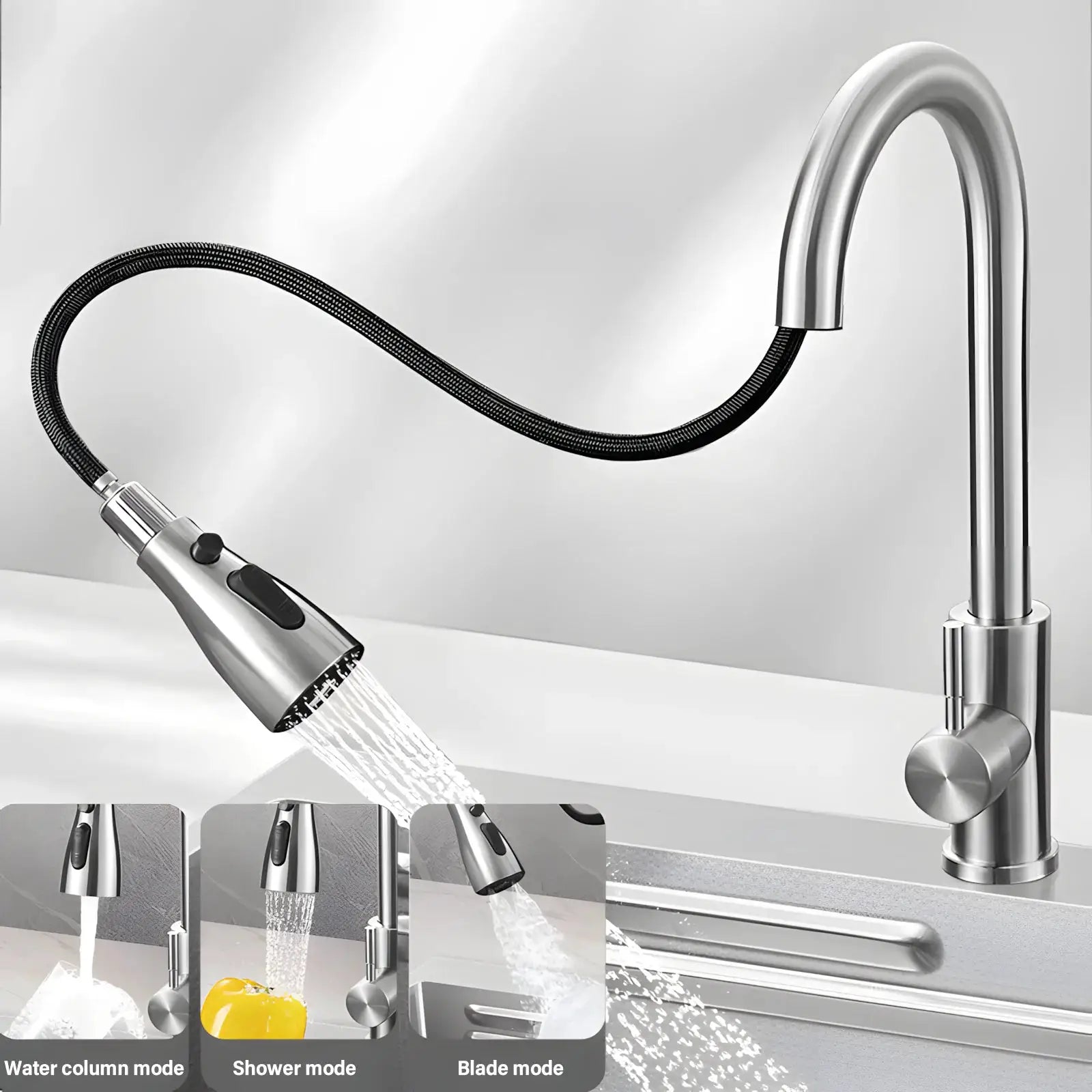 Kitchen faucet with a pull-out spray hose in brushed stainless steel, Simples Market, with multiple spray modes