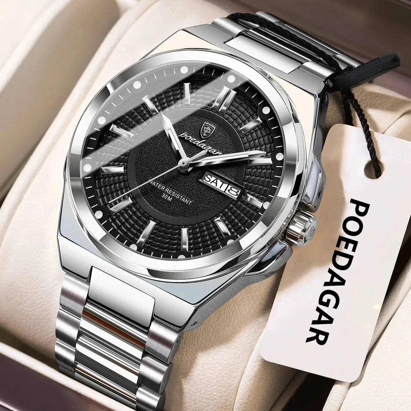 POEDAGAR men's wristwatch, stainless steel, black textured dial with date window