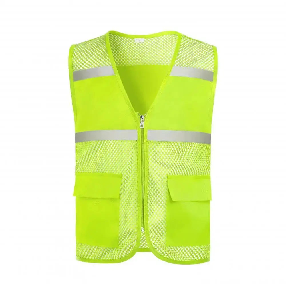 Neon yellow high-visibility safety vest with reflective stripes, breathable mesh shoulders, zip front, pockets.