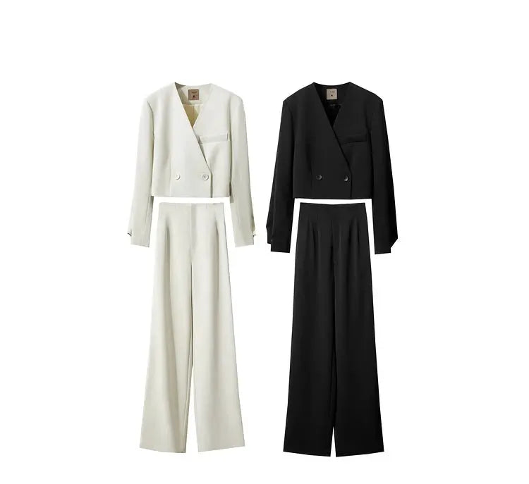 AMII Minimalism women's blazer and wide-leg pants set in ivory and black; two outfits by Simples Market