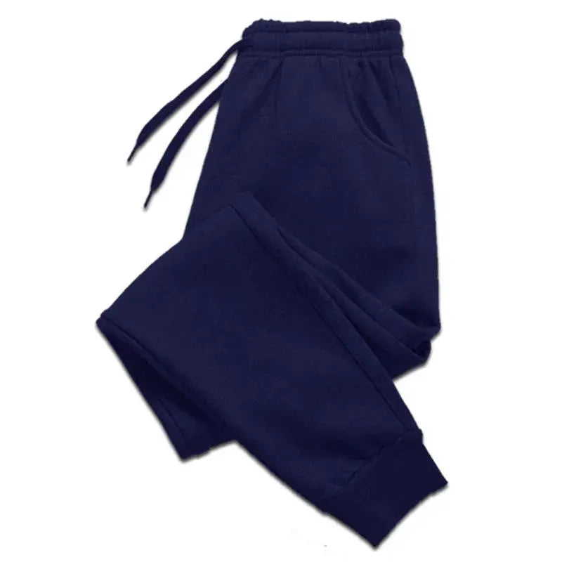 Men's navy fleece joggers with drawstring waist, soft warm sweatpants.