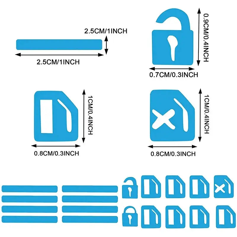 Car interior 18-piece luminous blue sticker set for door lock and window lift controls, Simples Market
