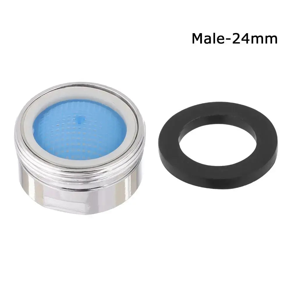 Chrome faucet aerator with blue mesh filter and black gasket; 2-piece 24mm male end.