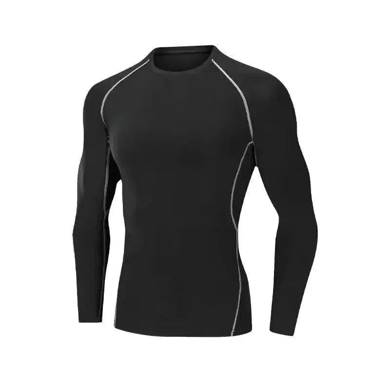Men's black compression long-sleeve athletic shirt with grey seam piping