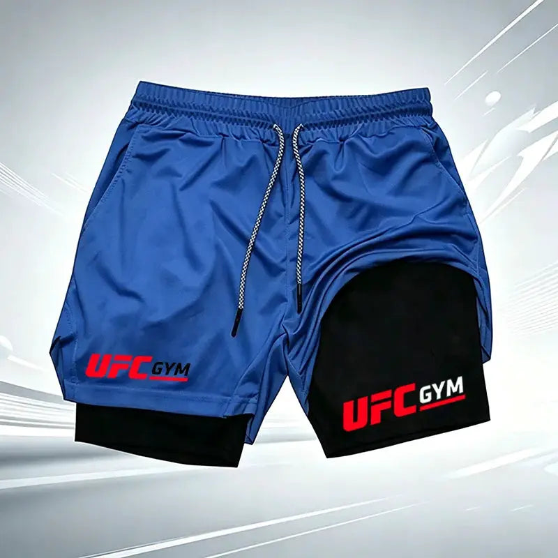 Men's UFC GYM 2-in-1 compression shorts, blue outer with black built-in liner, quick-dry breathable fabric, UFC GYM logo