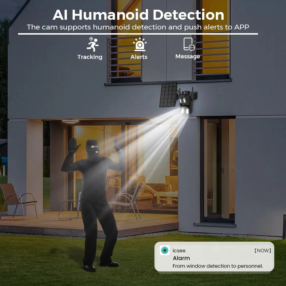 iCSee outdoor solar WiFi security camera with built-in battery and dual lens mounted on a modern home